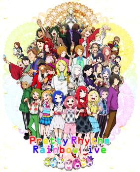 6+boys 6+girls absolutely_everyone absurdres akai_meganee amou_june aqua_hair ayase_naru ayase_poemu ayase_ryuunosuke bird black_hair blonde_hair blue_eyes blue_hair brown_eyes brown_hair cone_hair_bun double_bun dress enouchi_ai ethini_(pretty_rhythm) everyone facial_hair femini_(pretty_rhythm) fukuhara_ann fukuhara_sentarou fukuhara_yuriko glasses green_eyes green_hair hair_bun hat hayami_hiro heart highres himuro_hijiri himuro_maria holding_hands hood hoodie hojo_cosmo ibara_chisato jouzenji_ai kitagawa_(pretty_rhythm) kurokawa_rei kurun_(pretty_rhythm) long_coat long_hair lovelyn mihama_kouji mihama_natsuko mihama_takeyuki momo_(pretty_rhythm) morizono_futaba morizono_tadashi morizono_wakana multicolored_hair multiple_boys multiple_girls nishina_kazuki norizuki_jin norizuki_kou one_eye_closed open_mouth peacock_sensei penguin_sensei pink_hair poppun_(pretty_rhythm) pretty_series pretty_rhythm pretty_rhythm_rainbow_live purple_eyes purple_hair red_hair renjouji_beru renjouji_ritsu renjouji_yukihide rinne_(pretty_rhythm) satou_mana sessny_(pretty_rhythm) short_hair side_ponytail silver_hair skirt smile starn_(pretty_rhythm) sunglasses suzuki_ushiko suzuno_gen suzuno_ito suzuno_tsuru suzuno_yuu takahashi_toriko takanashi_otogi takanashi_otoha takanashi_soushi tanaka-san_(pretty_rhythm) two-tone_hair uchida_rina wink yellow_eyes