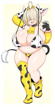 1girl :3 ahoge animal_ears animal_print arm_behind_head asymmetrical_boots bikini bikini_tied_to_horns black_choker black_gloves blonde_hair boots bottle breasts choker cleavage covered_eyes cow_ears cow_horns cow_print cow_print_bikini cow_print_boots cow_tail cowbell detached_sleeves elegg_(nikke) fang gloves goddess_of_victory:_nikke hair_intakes hair_over_eyes highres holding holding_bottle horns huge_breasts milk_bottle neck_bell open_mouth plump print_bikini short_hair smile solo standing swimsuit tail tailzkim thick_thighs thighs white_background yellow_boots yellow_sleeves
