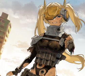 1girl ame_arare ammunition_pouch amputee arm_at_side armor black_leotard blonde_hair blue_eyes breasts broken_arm broken_armor building bullet_hole cable cloud cloudy_sky commentary_request cyborg day dilapidated elbow_gloves fingerless_gloves gloves goddess_of_victory:_nikke grin gun handgun holstered idoll_sun_(nikke) leotard long_hair medium_breasts missing_limb one_eye_covered outdoors pouch severed_arm severed_limb shoulder_armor skin_tight sky smile solo standing torn_clothes twintails upper_body visor_(armor) weapon