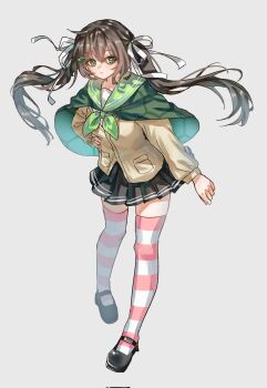Rule 34 | 1girl, black hair, black shoes, black skirt, cape, cardigan, closed mouth, commentary, corrupted twitter file, eananaia, from side, full body, genderswap, genderswap (mtf), green cape, green eyes, hair between eyes, hair ribbon, hand on own hip, highres, long hair, long sleeves, personification, pink thighhighs, pleated skirt, ribbon, shoes, simple background, skirt, solo, striped clothes, striped thighhighs, symbol-only commentary, thighhighs, vedal987, vedal ai, virtual youtuber, white background, white ribbon, white thighhighs, yellow cardigan