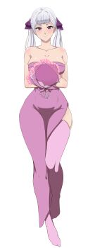 1girl absurdres black_clover breasts cleavage curvy dakimakura_(medium) dress flower highres holding large_breasts looking_at_viewer noelle_silva purple_eyes silver_hair smile source_request the_amazing_gambit thick_thighs thighhighs thighs twintails white_background wide_hips