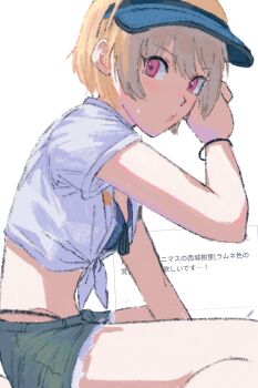Rule 34 | 1girl, bad id, bad twitter id, bikini, blonde hair, blue bikini, bracelet, cropped shirt, denim, denim shorts, green shorts, hand up, highres, idolmaster, idolmaster shiny colors, jewelry, looking at viewer, navel, purple eyes, saijo juri, shirt, short hair, short shorts, short sleeves, shorts, sitting, solo, subro, sweatdrop, swimsuit, tied shirt, translation request, visor cap, white background, white shirt