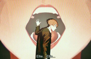 1boy 1girl black_coat blue_eyes brown_hair caption claire_(par0llel) coat drop_shadow elliot_(par0llel) english_text hand_up highres imminent_vore open_mouth original par0llel screen_zoom shirt short_hair size_difference symbolism white_shirt wide-eyed