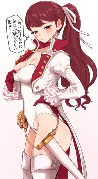 Rule 34 | 1girl, absurdres, alternate color, bow, breasts, choker, cleavage, closed mouth, commentary request, cropped jacket, gloves, hair bow, hair ribbon, hand on own hip, highres, jacket, kurosususu, large breasts, leotard, leotard tug, long hair, long sleeves, looking at viewer, no mask, persona, persona 5, persona 5 the royal, ponytail, red choker, red eyes, red gloves, red hair, ribbon, scabbard, sheath, simple background, smile, solo, speech bubble, thighhighs, thighs, translation request, violet (persona 5), white background, white jacket, white leotard, white ribbon, white thighhighs, yoshizawa kasumi