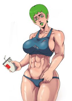1girl abs biceps breasts cup curvy dorkbum foo_fighters_(jojo) green_eyes green_hair green_lips highres holding holding_cup jojo_no_kimyou_na_bouken large_breasts lipstick looking_at_viewer makeup muscular muscular_female short_hair simple_background solo sports_bra stone_ocean sweat sweatdrop thick_thighs thighs thong toned toned_female torn_clothes white_background