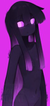 1girl black_hair black_skin breasts colored_sclera colored_skin commentary completely_nude cowboy_shot enderman english_commentary expressionless genderswap gradient_hair groin hair_between_eyes hair_censor hair_over_breasts highres light_blush long_hair looking_at_viewer minecraft multicolored_hair navel nude out-of-frame_censoring personification pink_eyes pink_hair pink_sclera purple_background sidelocks simple_background small_breasts solo very_long_hair watermark yoako