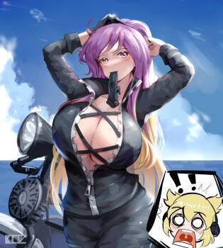 Rule 34 | !, !!, 2girls, ^^^, absurdres, alternate hairstyle, biker clothes, bikesuit, black jacket, black pants, blonde hair, blue sky, blush, blush stickers, bodysuit, breasts, cowboy shot, cross-laced clothes, earmuffs, edz drawz, gloves, highres, hijiri byakuren, huge breasts, jacket, jaw drop, looking to the side, motor vehicle, motorcycle, multiple girls, o o, open mouth, outdoors, pants, pointy hair, ponytail, purple eyes, purple hair, raised eyebrow, signature, single glove, sky, solo, surprised, teeth, touhou, toyosatomimi no miko, turbo byakuren, upper body, uvula, white eyes, zipper, zipper pull tab