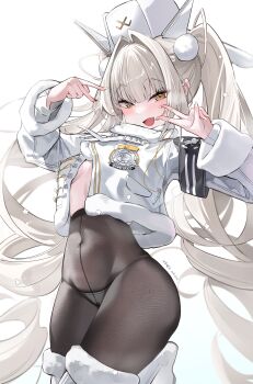 1girl absurdres black_pantyhose blanc_(fortune_express)_(nikke) blanc_(nikke) boots breasts coat commentary_request double_v fur-trimmed_boots fur_trim goddess_of_victory:_nikke hat highres long_hair looking_at_viewer official_alternate_costume official_alternate_hairstyle open_mouth panties panties_under_pantyhose pantyhose simple_background small_breasts smile solo twintails underwear v very_long_hair white_background white_boots white_coat white_hair white_hat white_panties winter_clothes winter_coat xiuluoniqia