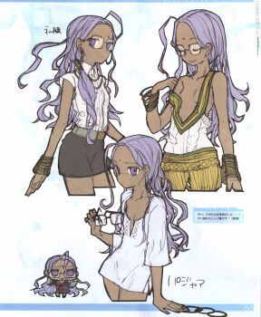 10s 1girl :p ahoge alternate_costume bare_shoulders bindi bracelet breasts chibi closed_eyes collarbone collared_shirt cowboy_shot dark_skin facial_mark fate/extra fate_(series) forehead_mark glasses highres jewelry light_purple_hair long_hair multiple_views necklace off_shoulder official_art petite purple_hair rani_viii school_uniform serafuku shirt shorts simple_background small_breasts smile tongue tongue_out translation_request type-moon v-neck wada_arco wavy_hair white_background