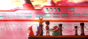 1boy boat charmeleon chase_(pokemon) commentary_request cruise_ship fire flame-tipped_tail gen_1_pokemon ivysaur male_focus nintendo pier pikachu pokemon pokemon_(creature) pokemon_lgpe re:1s_(funky_dog) s.s._anne solo standing starter_pokemon_trio tail wartortle watercraft