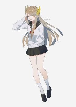 1girl 55555may ;d absurdres arknights arm_behind_back black_sailor_collar black_shoes black_skirt brown_hair cardigan commentary elf full_body grey_background grey_socks highres kneehighs loafers long_hair looking_at_viewer miniskirt mole mole_under_eye muelsyse_(arknights) neckerchief one_eye_closed open_mouth pleated_skirt pointy_ears red_neckerchief sailor_collar salute school_uniform serafuku shoes simple_background skirt sleeves_past_wrists smile socks solo standing twitter_username white_cardigan yellow_eyes