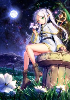 Rule 34 | 1girl, bare legs, belt, black belt, boots, brown boots, capelet, commentary, dress, elf, fii fii (feefeeowo), flower, frieren, full body, full moon, grass, green eyes, highres, holding, holding flower, long hair, long sleeves, looking at viewer, moon, mountainous horizon, nail polish, night, outdoors, parted bangs, pointy ears, red nails, sitting, sky, solo, sousou no frieren, staff, star (sky), starry sky, tree, twintails, white capelet, white dress, white hair, wide sleeves