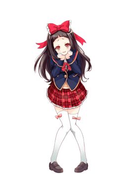 1girl bow bow_legwear bowtie brown_hair full_body girlfriend_(kari) hair_bow isshiki_airu looking_at_viewer official_art plaid_clothes plaid_skirt pleated_skirt qp:flapper red_bow red_bowtie red_eyes red_skirt school_uniform shoes simple_background skirt smile solo thighhighs white_background white_thighhighs