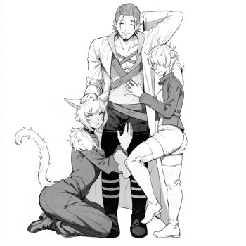 >:) 1boy 2girls adventurer_(ff14) ahoge alisaie_leveilleur animal_ears arm_up ass beard_stubble boots cat_ears cat_girl cat_tail closed_eyes closed_mouth coat collarbone commentary dark-skinned_female dark_skin dress elezen elf english_commentary facial_hair facial_mark facing_viewer final_fantasy final_fantasy_xiv flustered full_body greyscale hair_over_one_eye hair_slicked_back hand_on_another's_head hand_on_another's_stomach hand_on_own_head height_difference hetero hyur jacket jamjamstyle leaning_forward leg_lift legs_apart lips long_bangs long_hair long_sleeves looking_at_viewer mature_male medium_hair miqo'te monochrome multiple_girls mustache_stubble open_clothes open_coat open_jacket pants pectorals pointy_ears romper scratching_head seiza shirt short_hair short_shorts shorts simple_background sitting smile smug standing standing_on_one_leg stubble tail thigh_boots toned toned_male v-neck v-shaped_eyebrows warrior_of_light_(ff14) whisker_markings white_background white_romper y'shtola_rhul