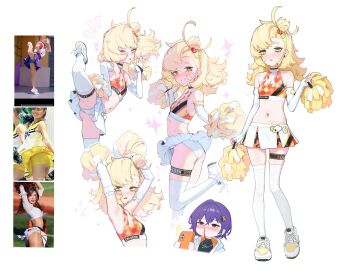 2girls absurdres armpits ass bare_shoulders belle_(zenless_zone_zero) black_shirt blonde_hair blood blue_hair breasts cellphone closed_mouth commentary crop_top cropped_legs detached_sleeves earrings flying_sweatdrops full_body green_eyes grin hair_ornament highres holding holding_phone jewelry letter_hair_ornament long_hair looking_at_viewer midriff multiple_girls multiple_views navel necklace nosebleed notice_lines ohoo_7am one_eye_closed open_mouth panties phone piper_wheel pom_pom_(cheerleading) reference_inset shirt shoes short_hair simple_background skirt small_breasts smile sneakers sparkle standing standing_on_one_leg sweat thigh_strap thighhighs underwear upper_body very_sweaty waving white_background white_panties white_shoes white_skirt white_sleeves white_thighhighs zenless_zone_zero