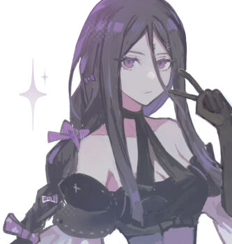 1girl bare_shoulders black_gloves bow braid drag-on_dragoon drag-on_dragoon_3 elbow_gloves expressionless facial_mark forehead_mark gloves hair_between_eyes hair_bow long_hair looking_at_viewer miichinori portrait purple_eyes purple_hair sidelocks simple_background solo sparkle strapless three_(drag-on_dragoon) v white_background