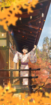 1boy 8083_blue arms_up autumn black_hair blunt_bangs blurry blurry_background blurry_foreground clenched_hands commentary facing_viewer floral_print floral_print_kimono full_body highres hoshina_soshiro japanese_clothes kaijuu_no._8 kimono long_sleeves male_focus outdoors photo_background print_kimono short_hair standing twitter_username white_kimono wide_sleeves