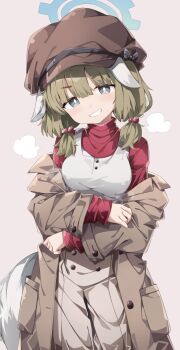 1girl animal_ears blue_archive blue_eyes blush breasts brown_coat coat green_eyes green_hair grin hat looking_at_viewer looking_back medium_breasts overalls red_shirt sabana shirt simple_background smile solo twitter yakumo_(blue_archive)