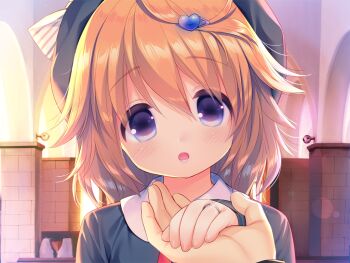 1boy 1girl blonde_hair blue_eyes blush bow bowtie buttons chishima_mako collared_shirt game_cg green_hat green_jacket hair_between_eyes hair_ornament hat heart heart_hair_ornament holding_hands jacket jewelry large_variant_set looking_at_viewer medium_hair non-web_source open_mouth piyodera_mucha portrait pov pov_hands red_bow red_bowtie ring shirt solo_focus soushisouai_lolita_no_seikatsu variant_set wedding_ring white_shirt