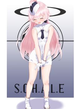 absurdres ahoge bare_legs bare_shoulders black_necktie blue_archive blue_eyes boots commentary_request covering_privates dress gloves hair_between_eyes halo heterochromia highres hoshino_(blue_archive) leg_focus long_hair necktie pink_hair pink_halo shy u9ffo white_boots white_dress white_gloves yellow_eyes