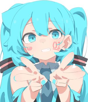 1girl abmayo absurdres commentary_request detached_sleeves double_v hatsune_miku heart highres long_hair looking_at_viewer necktie shirt smile solo twintails v vocaloid