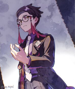 1boy black-framed_eyewear black_hair black_jacket black_pants closed_mouth collared_shirt corbeau_(pokemon) eyewear_strap frown glasses highres jacket long_sleeves looking_at_viewer male_focus necktie nintendo open_clothes open_jacket outstretched_hand pants parted_hair pokemon pokemon_legends:_z-a purple_hair purple_shirt round_eyewear shirt short_hair short_sideburns solo un_tapoi undercut white_necktie yellow_eyes