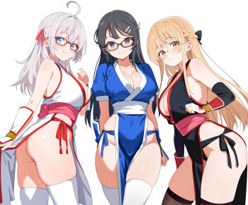 3girls absurdres alisa_mikhailovna_kujou annrichan ass black_hair black_kimono blonde_hair blue_eyes blue_kimono braid breasts cleavage commission cosplay dead_or_alive glasses grey_hair half_up_braid highres japanese_clothes kasumi_(doa) kasumi_(doa)_(cosplay) kimono large_breasts looking_at_viewer multiple_girls otonari_no_tenshi-sama_ni_itsu_no_mani_ka_dame_ningen_ni_sarete_ita_ken pelvic_curtain pixiv_commission sakurajima_mai seishun_buta_yarou shiina_mahiru_(otonari_no_tenshi-sama) side_slit simple_background smile variant_set white_background white_kimono yellow_eyes