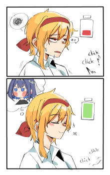 1girl absurdres battery_indicator blonde_hair blue_eyes blue_hair collared_shirt exhausted hair_intakes hairband harukami_2277 highres holocouncil holoh3roes hololive hololive_english hololive_indonesia imagining kaela_kovalskia ouro_kronii ouro_kronii_(maid) red_eyes red_hairband shirt simple_background smile sweat translation_request virtual_youtuber white_shirt