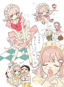 1girl 3boys alternate_costume breasts brown_hair cake cake_slice carhop commentary commentary_request danganronpa_(series) danganronpa_2:_goodbye_despair double_v drooling flipped_hair food heart highres hinata_hajime komaeda_nagito large_breasts medium_hair multiple_boys nanami_chiaki nose_bubble open_mouth otaku parfait pink_eyes puffy_short_sleeves puffy_sleeves roller_skates seailand selfie short_sleeves skates symbol-only_commentary translation_request tray v waitress yawning