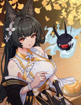 1girl :t animal_ear_fluff animal_ears bare_shoulders black_dress black_hair blush bracelet breasts closed_mouth commentary dress falling_leaves flower food fox_ears fox_girl fruit hair_flower hair_ornament hand_up highres hoshimi_miyabi hoshimi_miyabi_(dignified_blossom) jewelry large_breasts leaf leopxl long_hair looking_at_viewer melon official_alternate_costume pixel_art plate red_eyes sideboob sitting tailless_(zenless_zone_zero) two-tone_dress white_dress white_flower zenless_zone_zero