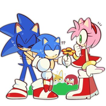Rule 34 | amy rose, blonde hair, blue eyes, blue fur, blue hair, blush, boots, bushes, carrying, carrying person, classic sonic, dress, embarrassed, flower, gloves, green eyes, hedgehog, hidng, highres, knuckles the echidna, kumoggu, nervous, pink fur, pink hair, purple eyes, red fur, red hair, shoes, size difference, socks, sonic (series), sonic the hedgehog, sonic the hedgehog (classic), spiked hair, spying, sweat, sweatdrop, tails (sonic), teeth, yellow fur