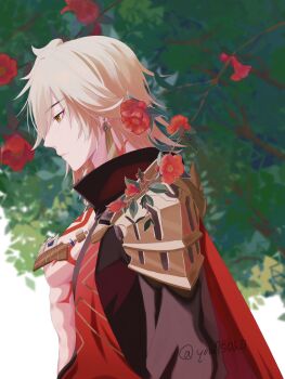 Rule 34 | 1boy, abs, black coat, blonde hair, braid, chest tattoo, coat, commentary, earrings, facial tattoo, from side, gold earrings, gold necklace, gradient hair, highres, honkai: star rail, honkai (series), jewelry, male focus, medium hair, multicolored hair, mydei (honkai: star rail), necklace, open clothes, open coat, profile, red hair, red tattoo, side braid, solo, untranslatable commentary, tattoo, toned, toned male, twitter username, yellow eyes, you750h0