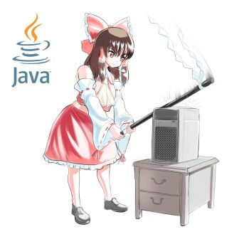 1girl angry ascot bare_shoulders black_footwear bow brown_eyes brown_hair closed_mouth computer computer_tower detached_sleeves drawer frilled_bow frilled_hair_tubes frills frown full_body gohei hair_bow hair_tubes hakurei_reimu highres holding holding_stick java_(programming_language) long_hair long_sleeves percussive_maintenance petticoat profitwalrus puff_of_air red_bow red_skirt red_vest sidelocks simple_background skirt solo standing stick touhou v-shaped_eyebrows vest white_background wide_sleeves yellow_ascot