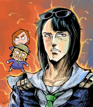 Rule 34 | 3girls, asakusa midori, asymmetrical bangs, blue skirt, eizouken ni wa te wo dasu na!, eyewear on head, freckles, grimace, hara tetsuo (style), hokuto no ken, kanamori sayaka, kiichi, manly, medium hair, mizusaki tsubame, multiple girls, over-rim eyewear, sanpaku, semi-rimless eyewear, short hair, skirt