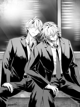 2boys antenna_hair belt black_belt black_jacket black_necktie black_pants closed_eyes collared_shirt commentary_request drooling greyscale hand_on_own_thigh highres honkai:_star_rail honkai_(series) jacket makaretaiyo male_focus monochrome multiple_boys mydei_(honkai:_star_rail) necktie pants parted_bangs phainon_(honkai:_star_rail) shirt short_hair sitting white_hair white_shirt