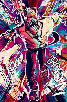 ! !! 1boy alternate_form black_necktie chainsaw chainsaw_man colorful_background denji_(chainsaw_man) male_focus necktie novuuuuuuuuuuuu open_mouth pants purple_pants sharp_teeth shirt solo teeth white_shirt