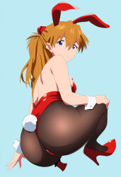 Rule 34 | 1girl, :/, animal ears, aqua background, arms up, ass, bare shoulders, breasts, brown hair, cleavage, curvy, detached collar, full body, hair between eyes, hair ornament, highleg, highleg leotard, highres, huge ass, jaaaan, kneeling, leotard, long hair, looking at viewer, looking back, neon genesis evangelion, playboy bunny, rabbit ears, red leotard, shiny clothes, shiny skin, simple background, skin tight, skindentation, smile, solo, souryuu asuka langley, thong leotard, two side up, very long hair, wide hips