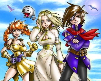 1boy 2009 2girls aika_(eternal_arcadia) blonde_hair breasts brown_hair cerberuslives cleavage cleavage_cutout clothing_cutout dress eternal_arcadia fina_(eternal_arcadia) multiple_girls orange_hair tagme vyse