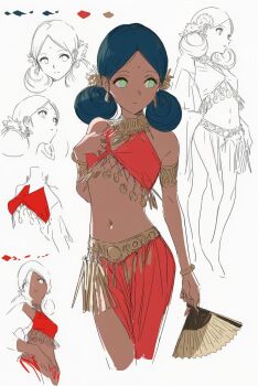 1girl bare_shoulders belly bindi black_hair bra commentary dark-skinned_female dark_skin expressionless green_eyes gundam hair_rings hand_fan holding holding_fan indian_clothes jewelry lalah_sune mobile_suit_gundam navel necklace okashi_please red_bra thighs underwear