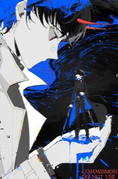 2boys black_coat black_eyes black_hair black_shirt black_wings blood blood_in_hair blood_on_clothes blood_on_hands blood_splatter bloody_weapon blue_blood coat collared_shirt cupping_hands demon_horns feathered_wings glitch highres holding holding_sword holding_weapon horns in_palm kim_dokja looking_at_another male_focus mini_person miniboy multiple_boys omniscient_reader&#039;s_viewpoint open_clothes open_coat own_hands_together popped_collar red_pupils ripples scabbard sheath shirt short_hair size_difference standing sword twle weapon white_coat wings yoo_joonghyuk