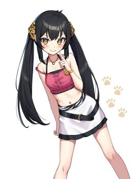 1girl absurdres bare_shoulders belt black_belt black_hair bracelet commentary heart heart_necklace highres idolmaster idolmaster_cinderella_girls jewelry long_hair looking_at_viewer matoba_risa midriff navel necklace pink_tank_top ransol simple_background skirt solo standing symbol-only_commentary tank_top twintails white_background white_skirt yellow_eyes