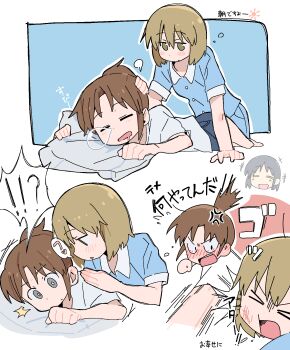 !? >_< 3girls anger_vein blue_shirt blush brown_eyes brown_hair city_(arawi_keiichi) closed_eyes commentary drooling ear_blush grey_eyes highres izumi_wako lying multiple_girls nagumo_midori niikura_(city) nose_bubble on_stomach punching shirt short_hair sleeping spoken_interrobang translation_request whispering_in_ear white_shirt wichimi yuri