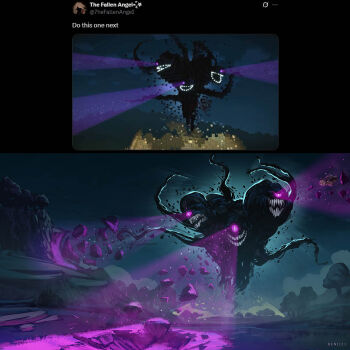 Rule 34 | artist name, benii21, debris, eldritch abomination, highres, minecraft, minecraft: story mode, monster, monster focus, multiple heads, purple eyes, reference inset, shadow monster, sharp teeth, slit pupils, teeth, tendril, tractor beam, wither storm (minecraft: story mode)