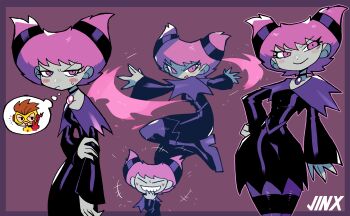 +++ 1girl :d absurdres closed_mouth colored_skin dc_comics dress grey_skin grin highres jinx_(dc) jitome kid_flash laughing long_sleeves looking_at_viewer magic multiple_views open_mouth pantyhose pink_eyes pink_hair purple_dress rariatto_(ganguri) smile standing striped_clothes striped_pantyhose teen_titans