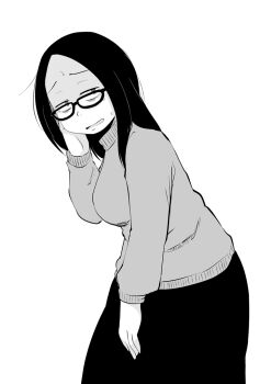 1girl bags_under_eyes glasses gloom_(expression) greyscale hand_up jimiko kirinama01 long_hair long_sleeves looking_at_viewer mature_female monochrome original skirt sweater