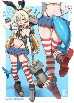 1girl animal_ears ass blonde_hair blue_eyes blue_hair cat_ears cosplay crop_top fins fish_tail hair_between_eyes hair_ribbon highres indie_virtual_youtuber kantai_collection long_hair midriff miniskirt multicolored_hair navel parody rensouhou-chan ribbon sailor_collar sameko_saba shimakaze_(kancolle) shimakaze_(kancolle)_(cosplay) ship_turret skirt solo streaked_hair striped_clothes striped_thighhighs sweat tail tenchi_mayo thighhighs thighs thong virtual_youtuber zettai_ryouiki