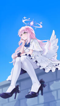 1girl absurdres black_scrunchie blue_archive blue_bow blue_sky bow breasts capelet closed_mouth commentary_request dress gold_trim haang10270 halo high_heels highres looking_up medium_breasts mika_(blue_archive) pantyhose pink_hair pink_halo pumps scrunchie sitting sky white_capelet white_dress white_pantyhose wrist_scrunchie yellow_eyes