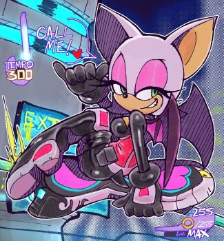 1girl 1her0 animal_ears animal_nose bat_ears bat_girl bat_tail bat_wings black_bodysuit black_gloves bodysuit breasts building cleavage_cutout clothing_cutout corset english_text eyeshadow fang full_body furry furry_female gameplay_mechanics gloves green_eyes grin hand_up heads-up_display heart highres hoverboard makeup outdoors pink_corset pink_eyeshadow rouge_the_bat science_fiction shaka_sign short_tail sitting smile solo sonic_(series) sonic_riders_(series) speech_bubble tail user_interface wings