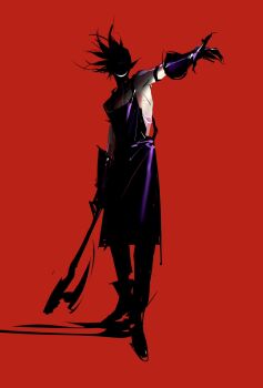 1boy apron axe boots claws dragon_boy_(to_be_hero_x) facing_viewer full-body_tattoo full_body gloves grin highres holding holding_axe male_focus no_eyes no_shirt outstretched_arm pointy_ears purple_apron purple_gloves sd2190392804 shaded_face smile solo standing tattoo to_be_hero to_be_hero_x