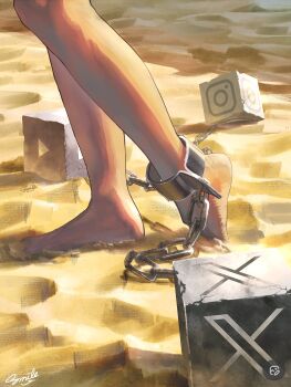 1other absurdres artist_name ball_and_chain_restraint barefoot chain chained_legs commentary_request cuffs day highres instagram instagram_logo lower_body original outdoors sand shackles smile_(qd4nsvik) solo twitter twitter_logo twitter_x_logo youtube youtube_logo